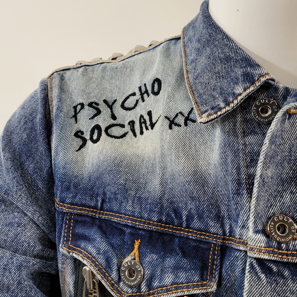 Cult Individuality  Biker Jean Jacket With Rhinestoned Skull & Studded  XL $499 - Picture 6 of 12